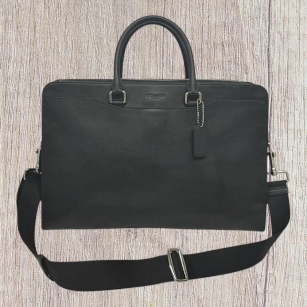 NWT COACH Beckett 2-Way Structured Black Leather Shoulder Business Briefcase New